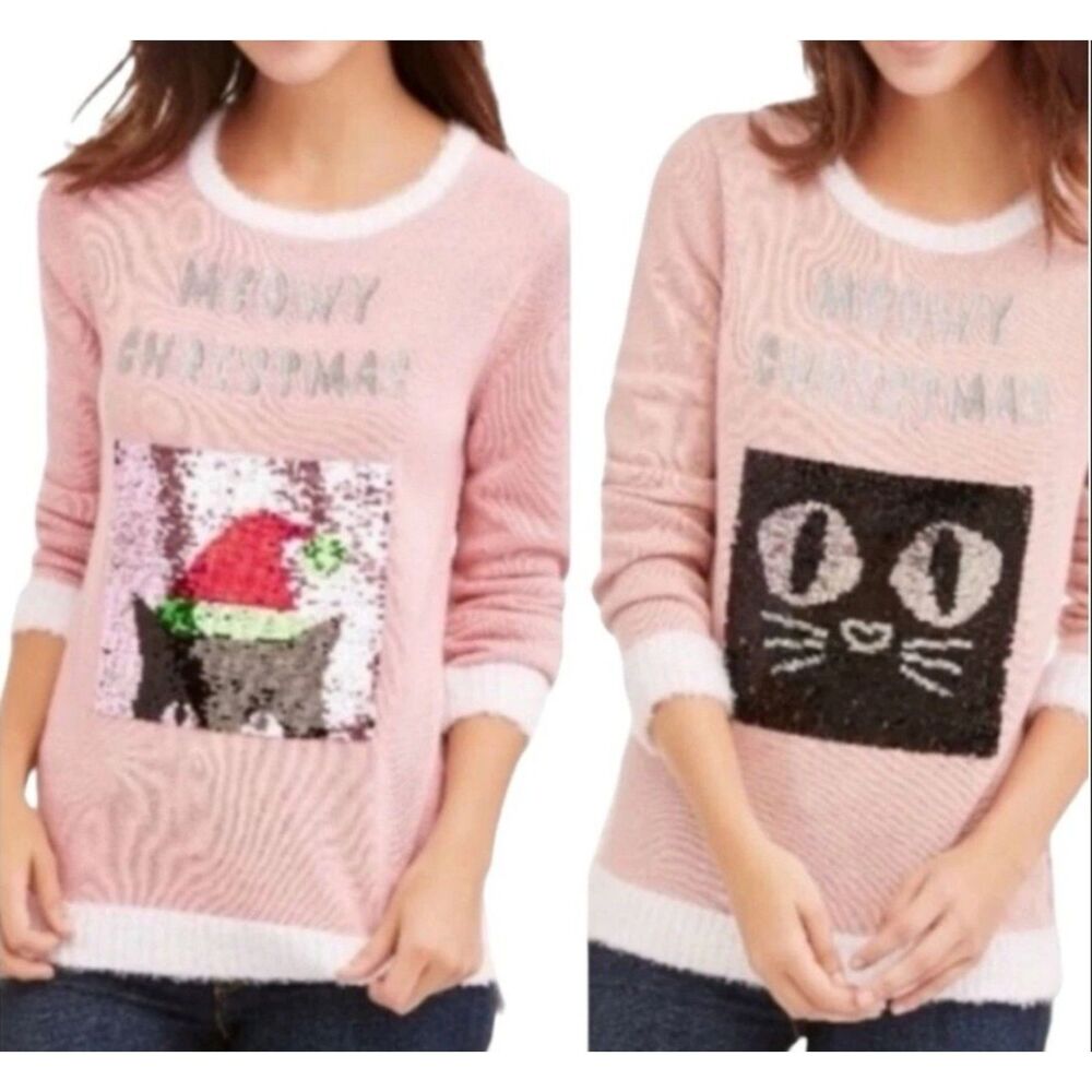 Pink Reverse Sequins Sz Small (4-6) Stretchy MEOWY CHRISTMAS Holiday Sweater